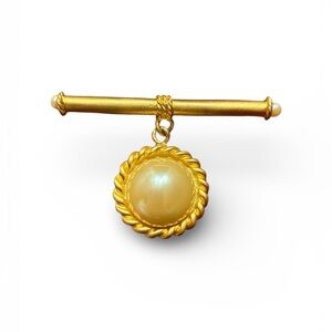 Vintage Gold Bar Brooch with Dangling Pearl Cabochon